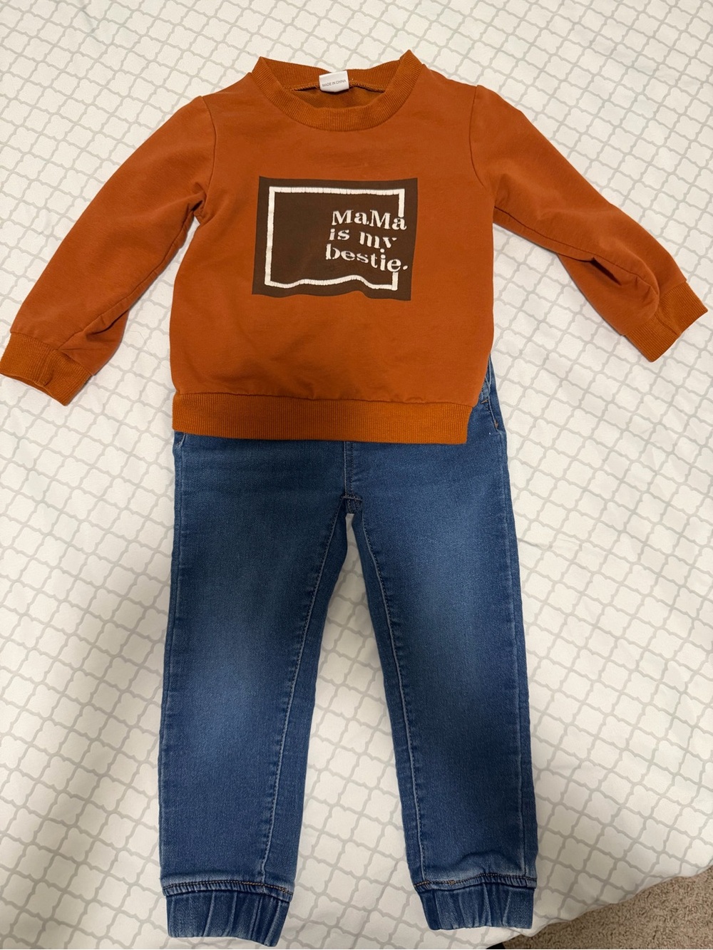 Rust Orange 'Mama is my bestie.' Kids Sweatshirt & Jeans Set
